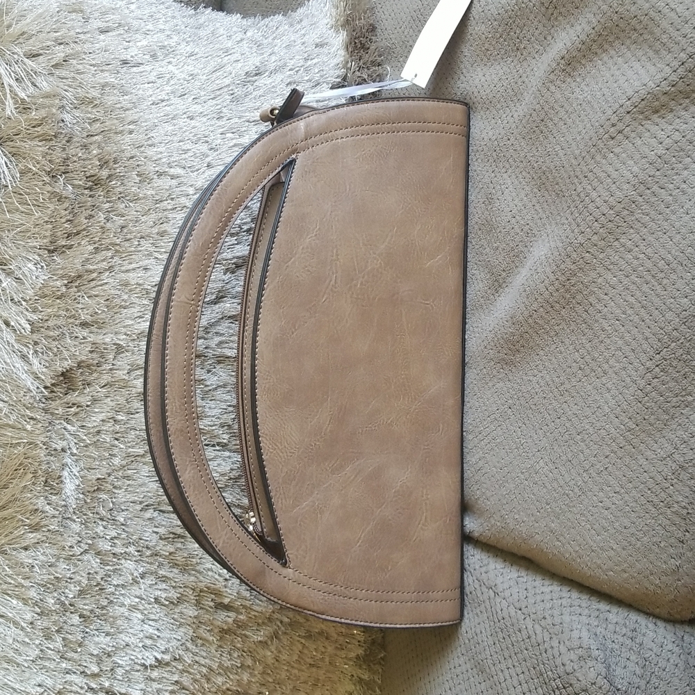 Brand New Virago taupe zipper closure handbag gold finish purse feet